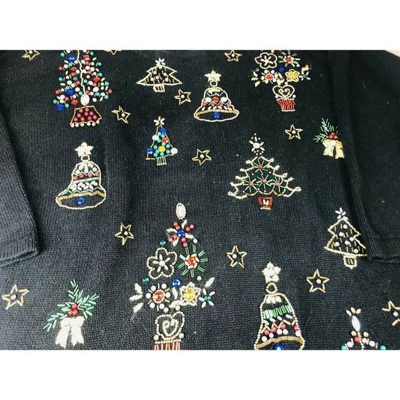 VTG Victoria Jones Beaded sequin holiday Christmas jingle bells knit sweater - Picture 3 of 6